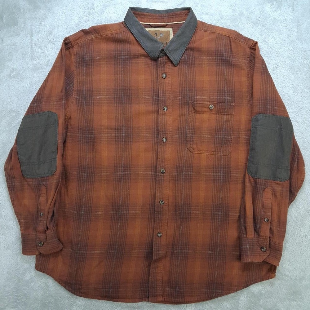 Outdoor Life Mens XL Brown Plaid Button Up Shirt Elbow Patches Rugged Workwear